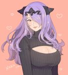  1girl breasts camilla_(fire_emblem_if) cleavage cleavage_cutout dress fire_emblem fire_emblem_if hair_over_one_eye highres jivke large_breasts long_hair looking_at_viewer meme_attire naked_sweater open-chest_sweater purple_hair ribbed_sweater smile solo sweater sweater_dress turtleneck turtleneck_sweater very_long_hair violet_eyes wavy_hair 