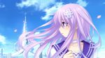  blue_skies cloud game_cg hair_decorations hyperdimension_neptunia_mk2 nepgear petals purple_eyes purple_hair tsunako 