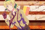  1girl :3 axis_powers_hetalia belgian_flag belgium_(hetalia) blonde_hair breast_pocket english finger_wagging gloves green_eyes hair_ribbon military_jacket necktie ribbon sasakama_(pixiv) suspenders tagme wink 