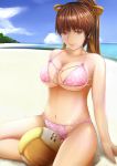  bad_id bare_shoulders beach bikini breasts brown_eyes brown_hair cleavage cloud clouds dead_or_alive dead_or_alive_xtreme_beach_volleyball kasumi large_breasts nanacy7 navel pink_bikini ponytail sand sitting sky swimsuit under_boob underboob volleyball water 