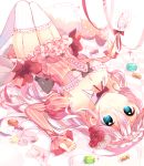  1girl blue_eyes breasts candy cleavage dress garter_straps highres ia_(vocaloid) ikari_(aor3507) lollipop long_hair lying macaron on_back pink_hair solo thigh-highs vocaloid wrapped_candy 
