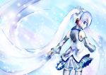  1girl aqua_background blue_eyes detached_sleeves from_behind hatsune_miku headphones long_hair looking_at_viewer shino_(lunar_crescent) skirt smile snowflakes solo star starry_background thigh-highs thighhighs twintails very_long_hair vocaloid white_hair white_legwear yuki_miku zettai_ryouiki 