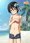  beach bikini black_hair brown_eyes nisekoi ryunnu short_hair short_shorts shorts solo swimsuit tsugumi_seishirou 