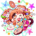  :3 character_request chibi doughnut food food_as_clothes food_themed_clothes heart heart_in_mouth idolmaster idolmaster_cinderella_girls moroboshi_kirari open_mouth orange_eyes orange_hair short_hair skirt smile solo star usoneko 