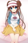  bare_legs blue_eyes blush brown_hair double_bun kzom long_hair looking_at_viewer mei_(pokemon) no_legwear pokemon pokemon_(game) pokemon_bw2 raglan_sleeves sitting skirt solo twintails visor_cap 