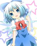  1girl blue_eyes blue_hair bow cirno dress hair_bow looking_at_viewer open_mouth outline puffy_short_sleeves puffy_sleeves ribbon shadow shinhoya short_hair short_sleeves simple_background solo star touhou white_background wings 
