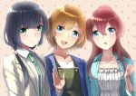  3girls :d black_hair blue_eyes blush brown_hair green_eyes long_hair looking_at_viewer low_twintails miyamori_aoi multiple_girls open_mouth redhead sakaki_shizuka shirobako short_hair smile touboku twintails yasuhara_ema 