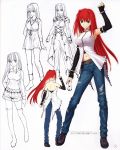  alternate_costume aozaki_aoko artbook back backless blue_eyes breasts character_sheet cleavage detached_sleeves dress hair_intakes halter_top halterneck highres jeans koyama_hirokazu long_hair long_legs mahou_tsukai_no_yoru navel red_hair redhead shoes shorts simple_background skirt sneakers torn_clothes torn_jeans type-moon 