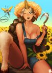  bare_shoulders braid breasts brown_hair cleavage farmer flower glint hat highres hooves horn instant-ip kog&#039;maw kog'maw large_breasts league_of_legends long_hair monster_girl naked_overalls open_mouth overalls pointy_ears revision sickle smile soraka strap_slip straw_hat sunflower sweat thighs very_long_hair wink 