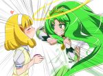  1girl blonde_hair blush closed_eyes commentary_request cure_march dress eyes_closed green_dress green_eyes green_hair grin hairband impending_hit incipient_kiss kise_yayoi midorikawa_nao multiple_girls ponytail precure princess_form_(smile_precure!) school_uniform short_hair skirt smile smile_precure! suzushiro_yukari sweater_vest tri_tails 