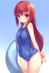  :&lt; blush bow breasts buratei_marii hair_bow innertube joshiraku long_hair looking_at_viewer mikage_sekizai one-piece_swimsuit red_eyes red_hair redhead school_swimsuit simple_background solo swimsuit very_long_hair 
