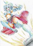  absurdres animal_ears bare_shoulders breasts colored_pencil_(medium) detached_sleeves highres inubashiri_momiji jumping kicking kitazinger large_breasts midriff navel panties pantyshot short_hair silver_hair solo tail thigh-highs thighhighs touhou traditional_media underwear white_legwear white_panties wolf_ears wolf_tail 