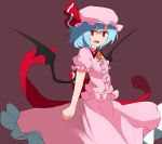  1girl 60mai bat_wings blue_hair bow fang hat hat_ribbon open_mouth puffy_sleeves red_eyes remilia_scarlet ribbon short_hair short_sleeves solo touhou wings 