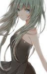  1girl back backlighting bare_arms bare_shoulders black_dress blue_eyes dress hatsune_miku hiro_(hirohiro31) long_hair revealing_clothes silver_hair solo strapless_dress twintails very_long_hair vocaloid 