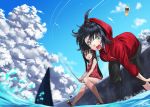  black_hair blue_eyes falling fishing hoodie kyon_(fuuran) long_hair multiple_girls original popsicle sandals shark short_hair sleeveless water yukimi_dango 