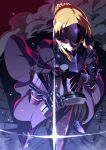  armor blonde_hair breasts dark_excalibur fate/stay_night fate_(series) faulds gauntlets glint greaves hand_on_hilt is_ii long_hair neon_trim saber saber_alter short_hair smoke solo sword visor_(armor) weapon 