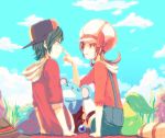  1boy 1girl black_hair bow brown_eyes brown_hair chikorita cloud clouds cyndaquil eye_contact gold_(pokemon) hat hat_bow hat_ribbon hood kotone_(pokemon) looking_at_another marill pokemon pokemon_(creature) pokemon_(game) pokemon_hgss ribbon shiuka sitting thigh_strap twintails 