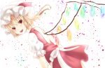  ascot backless_outfit bad_id blonde_hair conesa flandre_scarlet hat hat_ribbon highres looking_at_viewer open_mouth puffy_sleeves red_eyes ribbon shirt short_sleeves side_ponytail skirt skirt_set smile solo touhou wings 