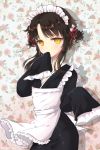  alternate_costume apron bittersweet_(dalcoms) blush brown_hair covering_mouth enmaided flower hands_in_sleeves japanese_clothes kimono lolita_fashion lowres maid maid_headdress mole short_hair sita_vilosa sleeves_past_wrists solo sword_girls wa_lolita yellow_eyes 