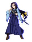  akechi_mitsuhide_(oda_nobuna_no_yabou) boots flower hair_ribbon hakama japanese_clothes katana long_hair low-tied_long_hair oda_nobuna_no_yabou open_mouth oukasirayami purple_eyes purple_hair ribbon solo sword violet_eyes weapon white_background 