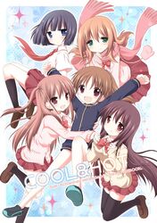  atarashi_ako blue_eyes blush bottomless brown_hair cardigan cover hug loafers long_hair matsumi_kuro matsumi_yuu mittens multiple_girls necktie ponytail ribbon sagimori_arata saki saki_achiga-hen scarf shoes short_hair sparkle takakamo_shizuno thigh-highs thighhighs track_suit yamanekobox 