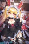  animal_ears black_legwear blonde_hair breasts bunny bunny_ears cat_shi checkered choker cleavage collarbone flower frilled_skirt frown garter_straps hair_between_eyes holding long_hair lowres open_mouth rabbit rabbit_ears red_eyes rose star stuffed_animal stuffed_toy sword_girls thigh-highs thighhighs very_long_hair 