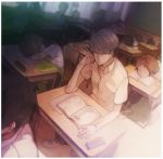  bag board book brown_hair classroom grey_hair hanamura_yousuke headphones jacket multiple_boys multiple_girls narukami_yuu pen persona persona_4 satonaka_chie school_uniform short_hair sleeping watch 