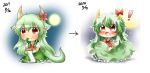  1girl :3 animal_ears blush chibi dress eating ex-keine green_hair horn horn_ribbon horns kamishirasawa_keine long_hair moon rebecca_(keinelove) red_eyes ribbon tail touhou 