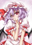  bat_wings bow finger_to_mouth hat hat_ribbon highres pink_hair puffy_sleeves red_eyes remilia_scarlet ribbon roura short_hair short_sleeves solo touhou wings 