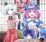  absurdres blush bow bowl cherry_blossoms chopsticks daikon eo_(artist) fish food glass green_eyes hair_ribbon hairband hat highres hitodama konpaku_youmu konpaku_youmu_(ghost) long_sleeves multiple_girls open_mouth pink_hair plate puffy_sleeves red_eyes ribbon rice saigyouji_yuyuko short_hair short_sleeves silver_hair smile standing table touhou tray triangular_headpiece water wide_sleeves 