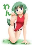  all_fours animal_ears blush competition_swimsuit dog_days dog_ears dog_tail eclair_martinozzi fuuma_nagi green_hair looking_at_viewer one-piece_swimsuit open_mouth outdoors paw_pose purple_eyes short_hair solo sweat swimsuit tail thigh_gap violet_eyes wet 
