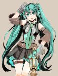  detached_sleeves garters gloves green_eyes green_hair hatsune_miku long_hair necktie open_mouth simple_background skirt solo twintails very_long_hair vocaloid yukinari 