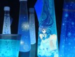  blue_eyes blue_hair bottle dress floating hands_on_knees long_hair original sitting smile solo very_long_hair yuukichi 