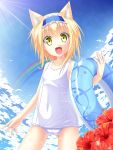  alice_margatroid alice_margatroid_(pc-98) alternate_costume anni_minto blonde_hair cloud clouds collarbone fang flower green_eyes hairband highres one-piece_swimsuit open_mouth school_swimsuit short_hair sky solo swimsuit touhou touhou_(pc-98) white_school_swimsuit 