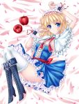  alice_margatroid alternate_costume apple arms_up blonde_hair blue_eyes blush boots breasts capelet cleavage cross-laced_footwear dress food fred0092 frills fruit hairband highres looking_up lying on_side petals sash short_hair smile solo thighhighs touhou white_legwear wrist_cuffs 