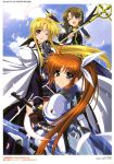  :d absurdres bardiche blonde_hair blue_eyes blush brown_hair cannon cape dress fate_testarossa feathers hair_ribbon higa_yukari highres long_hair lyrical_nanoha mahou_senki_lyrical_nanoha_force mahou_shoujo_lyrical_nanoha multiple_girls official_art open_mouth purple_eyes red_eyes ribbon scan schwertkreuz short_hair side_ponytail skirt smile staff strike_cannon takamachi_nanoha very_long_hair vest violet_eyes wings wink yagami_hayate 