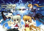  :d absurdres adult ascot asteion blonde_hair blue_eyes blush bodysuit bow cat dual_persona einhart_stratos electricity fingerless_gloves fujima_takuya gloves green_eyes green_hair hair_ribbon heterochromia highres jacket long_hair lyrical_nanoha mahou_shoujo_lyrical_nanoha mahou_shoujo_lyrical_nanoha_vivid multiple_girls official_art open_mouth outstretched_hand punching purple_eyes red_eyes ribbon sacred_heart school_uniform side_ponytail skirt smile stuffed_animal stuffed_bunny stuffed_toy thighhighs twintails violet_eyes vivio 