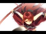  bare_shoulders detached_sleeves fate/stay_night fate_(series) gae_bolg grin highres kakei kakei_(artist) letterboxed long_hair magical_girl mahou_shoujo_madoka_magica mouth_hold pocky polearm ponytail red_eyes red_hair redhead sakura_kyouko smile solo spear thigh-highs thighhighs weapon zettai_ryouiki 