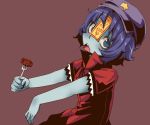  @_@ beret blue_eyes blue_hair blue_skin chinese_clothes food fork hat hosoi_kouzou meat miyako_yoshika open_mouth outstretched_arms short_hair solo star stitches touhou zombie_pose 