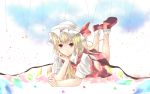  absurdres ascot bad_id blonde_hair conesa flandre_scarlet hat hat_ribbon highres legs_up looking_at_viewer lying on_stomach petals puffy_sleeves red_eyes ribbon shirt short_sleeves side_ponytail skirt skirt_set solo star touhou wings 