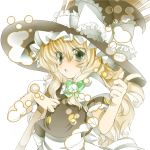  asuku_(69-1-31) blonde_hair blush bow braid broom colored gotou_nao green_eyes green_hair hair_bow hat hat_bow kirisame_marisa long_hair open_mouth puffy_sleeves short_sleeves side_braid single_braid solo touhou witch_hat 