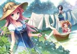  :d ;d an2a aqua_eyes artist_name bed_sheet black_hair blonde_hair blush clothesline collarbone cover cover_page flower flowers hat hose long_hair looking_back multiple_girls off_shoulder open_mouth original pink_eyes pink_hair puffy_sleeves purple_eyes short_hair short_sleeves single_shoe sitting smile standing sun_hat turning twintails waterhose watermark wink 