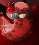  60mai bat_wings blue_hair hat hat_ribbon jewelry petals puffy_sleeves red_eyes remilia_scarlet ribbon short_hair short_sleeves solo touhou wings 