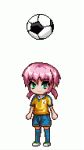  1boy animated ball green_eyes inazuma_eleven_(series) inazuma_eleven_go jumping kirino_ranmaru lightning_bolt lowres male navel open_mouth pink_hair pixel_art raimon sgk simple_background soccer_ball soccer_uniform solo telstar twintails 