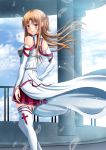  asuna_(sao) bare_shoulders blush brown_eyes brown_hair detached_sleeves highres long_hair looking_at_viewer looking_back smile solo sword_art_online thigh-highs thighhighs toshi_(1-147) white_legwear 