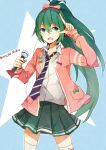  character_name green_eyes green_hair hatsune_miku headphones long_hair matako microphone necktie open_mouth ponytail project_diva project_diva_f solo thigh-highs thighhighs very_long_hair vocaloid 