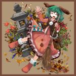  animal_ears autumn_leaves boots broom closed_eyes dragonfly dress eyes_closed fang gloves green_hair kasodani_kyouko open_mouth short_hair solo touhou uma_(shirokirin) vest wild_and_horned_hermit 
