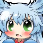  blue_hair blush character_request face fang green_eyes long_hair lowres open_mouth rebecca_(keinelove) sashiromiya_sasha solo touhou 