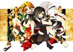  2girls azuko black_hair copyright_request highres jewelry long_hair multiple_girls open_mouth orange_hair ponytail ring short_hair skirt smile traditional_clothes yellow_eyes 