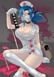  bag bandages blood blue_hair breasts choker cleavage cross crossed_legs dokumamushi_wandayuu eyepatch gloves hair_over_one_eye hat large_breasts legs long_legs mask minidress nurse nurse_cap ponytail red_cross red_eyes satchel saw scalpel sitting skullgirls solo surgical_mask symbol-shaped_pupils thighs tool_kit valentine_(skullgirls) weapon white_gloves 